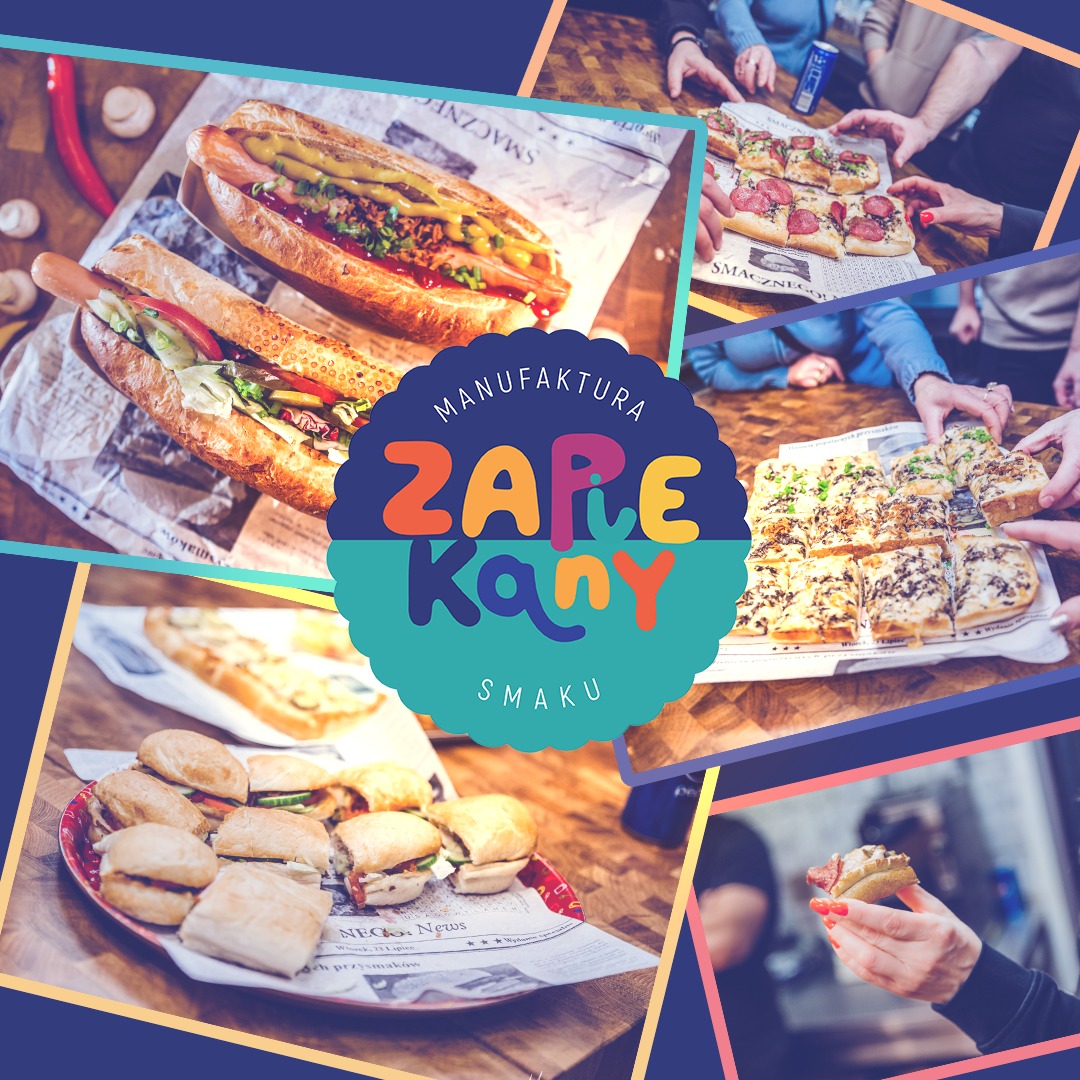 Kompozycja kolażu zdjęć przedstawiających różnorodne kanapki i przekąski, w tym hot dogi, mini-burgery i pizzę, otoczona dekoracyjną ramką i logo 'Zaple Kany Manufaktura Smaku'.