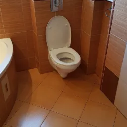 Toaleta z otwartą klapą w łazience wyłożonej brązowymi płytkami, widoczna bateria podtynkowa i fragment wanny.