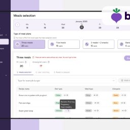 Qarbon IT - Interfejs aplikacji do planowania posiłków z opcjami wyboru diet i alergenów, z widocznym logo 'beet'.