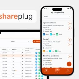 Qarbon IT - Ekran aplikacji mobilnej Shareplug z listą ładowarek, widok dashboardu na laptopie w tle, prezentacja funkcjonalności i interfejsu użytkownika.