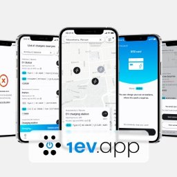 Qarbon IT - Ekrany smartfonów prezentujące aplikację mobilną do wyszukiwania i obsługi stacji ładowania pojazdów elektrycznych, z mapą lokalizacji stacji, informacjami o dostępności i opcjami płatności kartą...