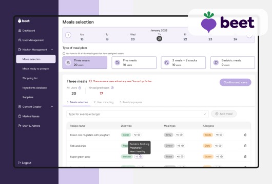 Interfejs aplikacji do planowania posiłków z opcjami wyboru diet i alergenów, z widocznym logo 'beet'.