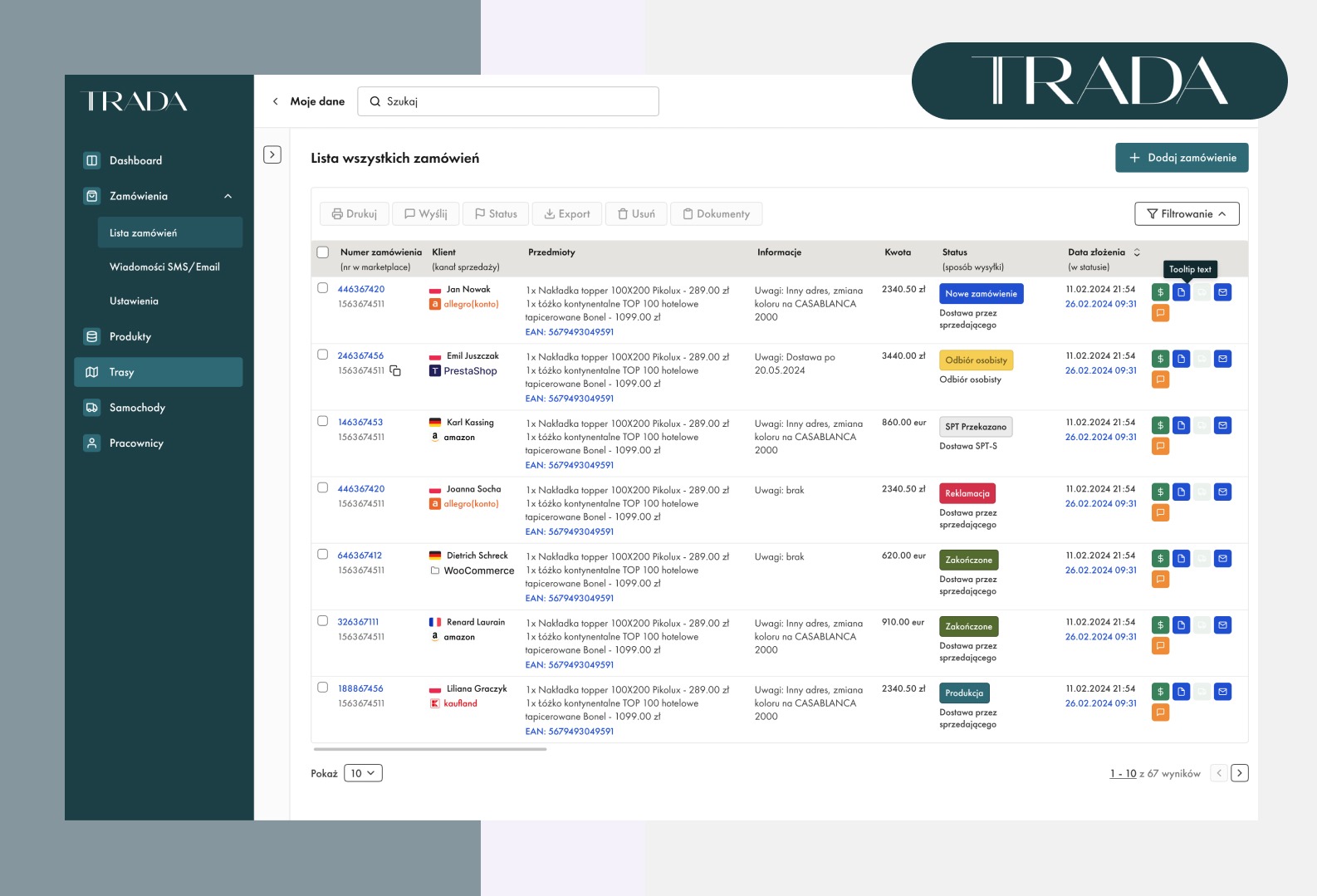 Panel administracyjny systemu zamówień z listą zamówień, zawierającą informacje o numerze zamówienia, kliencie, przedmiotach zamówienia, kwocie, statusie i dacie złożenia, z możliwością filtrowania...