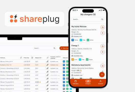 Ekran aplikacji mobilnej Shareplug z listą ładowarek, widok dashboardu na laptopie w tle, prezentacja funkcjonalności i interfejsu użytkownika.