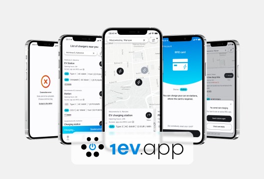 Ekrany smartfonów prezentujące aplikację mobilną do wyszukiwania i obsługi stacji ładowania pojazdów elektrycznych, z mapą lokalizacji stacji, informacjami o dostępności i opcjami płatności kartą...