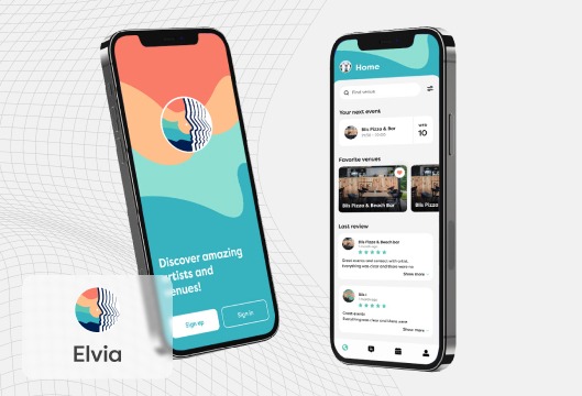 Dwa smartfony prezentujące interfejs aplikacji mobilnej do odkrywania artystów i miejsc, z logo Elvia w lewym dolnym rogu.