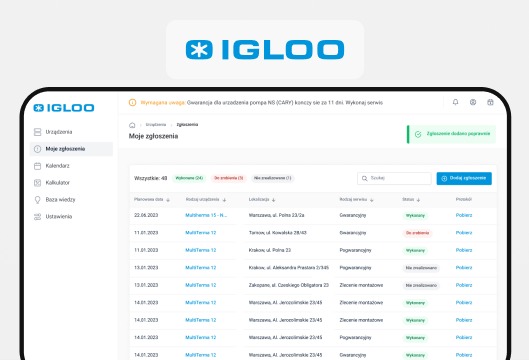 Ekran aplikacji mobilnej z listą zgłoszeń serwisowych, widoczne dane takie jak data zgłoszenia, rodzaj urządzenia, lokalizacja i status zlecenia, logo firmy Igloo w górnej części ekranu.