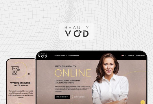 Ekran urządzenia mobilnego prezentujący platformę edukacyjną Beauty VOD z kursem online o tematyce beauty, obok ekran logowania i rejestracji.