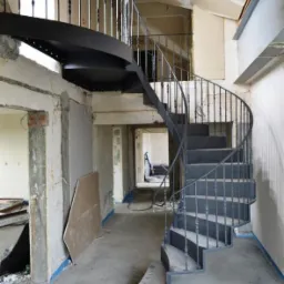 Spiralne schody metalowe z ozdobnymi balustradami w surowym wnętrzu. Widoczne ślady prac wykończeniowych na ścianach i podłodze. Ujęcie z dołu, podkreślające konstrukcję.