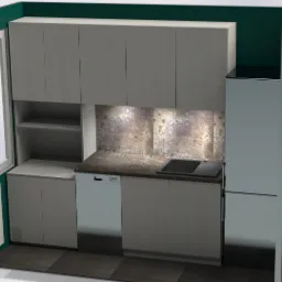 Wizualizacja 3D szarej zabudowy kuchennej z górnymi szafkami, otwartymi półkami, blatem w ciemne wzory, płytą grzewczą i lodówką, na tle mozaiki.