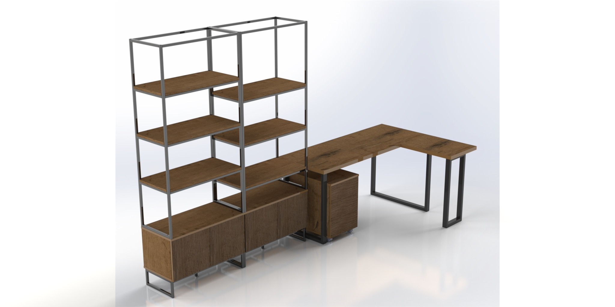 Wizualizacja 3D biurka narożnego z drewnianym blatem i regałem z metalową ramą oraz drewnianymi półkami i szafkami.