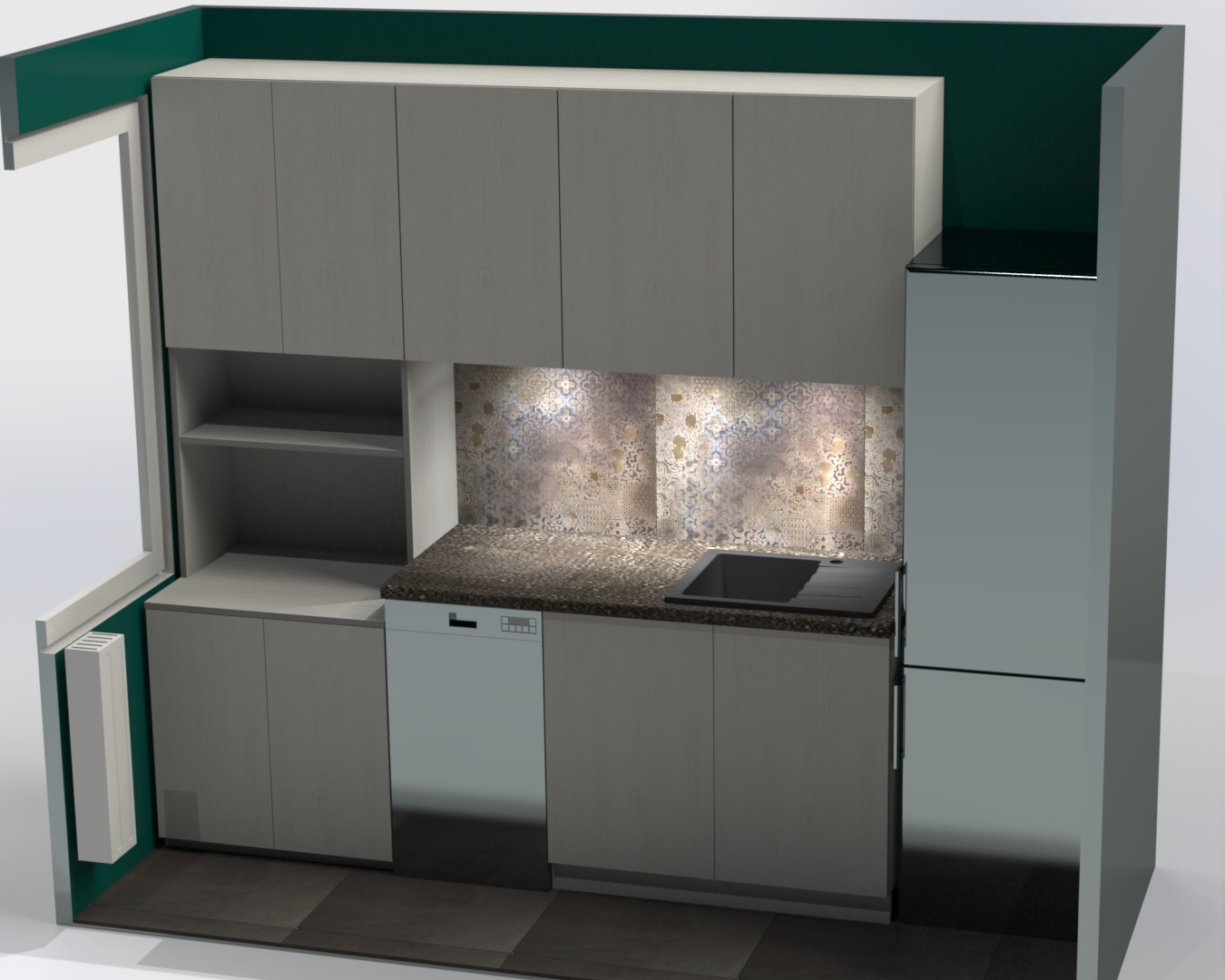 Wizualizacja 3D szarej zabudowy kuchennej z górnymi szafkami, otwartymi półkami, blatem w ciemne wzory, płytą grzewczą i lodówką, na tle mozaiki.