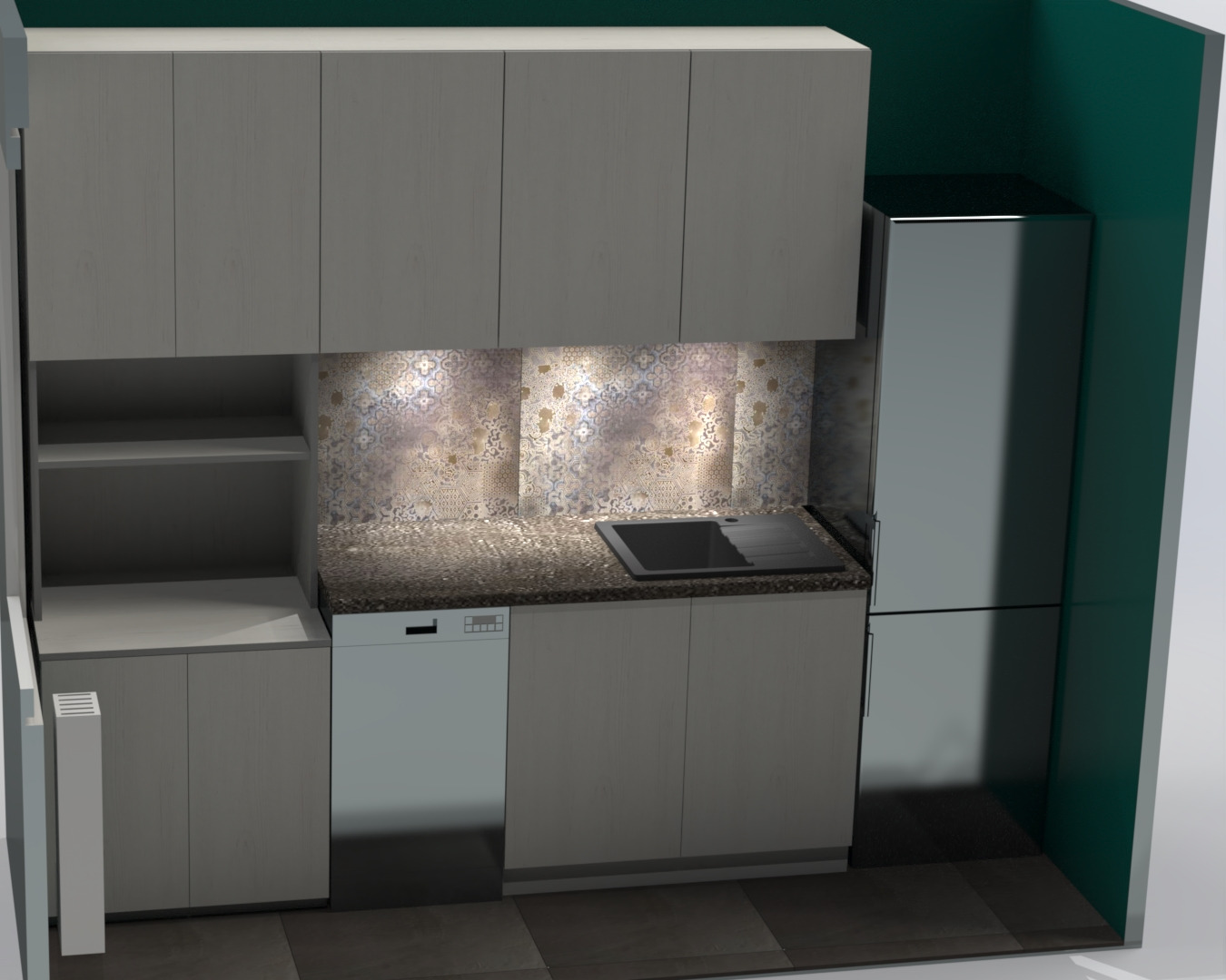 Wizualizacja 3D kuchni z szarymi szafkami, wzorzystą ścianą nad blatem, czarnym zlewem i srebrną lodówką.