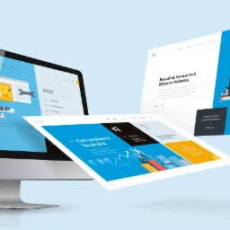 Komputer stacjonarny wyświetlający interfejs strony internetowej z elementami graficznymi i tekstem, obok unosząca się wizualizacja innej strony internetowej z różnymi sekcjami i ilustracjami,...