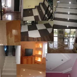 Zestawienie zdjęć przedstawiających różne etapy remontu i wykończenia wnętrz: schody z podświetleniem, podłogi z płytek, dekoracyjne ściany i sufity z oświetleniem punktowym.