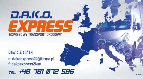 Wizytówka firmy transportowej D.A.K.O. EXPRESS z mapą Europy w tle i zdjęciem busa, kontakt telefoniczny i adres e-mail.