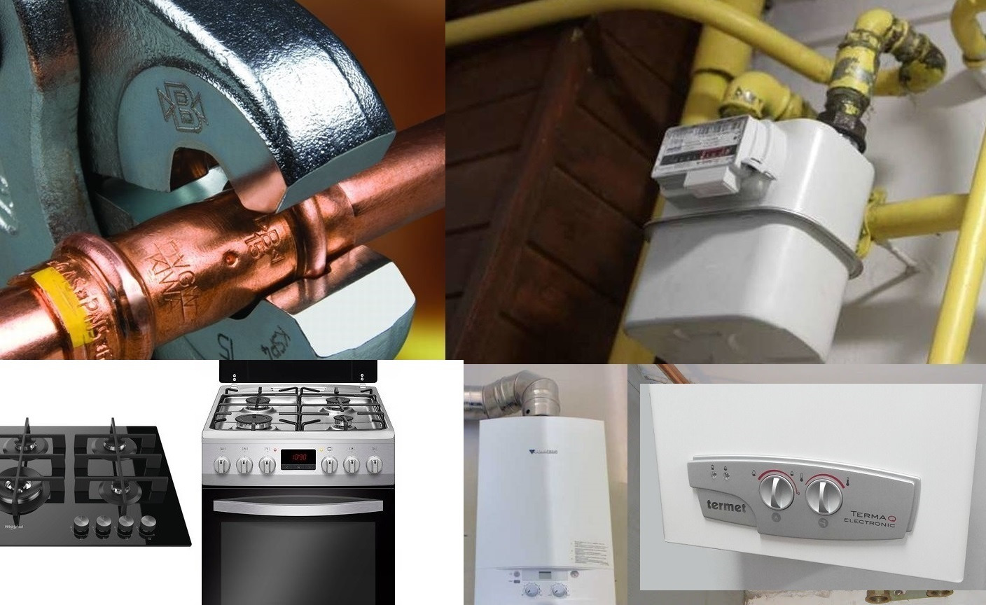 Kolaż przedstawiający: zaciskanie złączki na miedzianej rurze, gazomierz na żółtej instalacji, kuchenkę gazową z piekarnikiem oraz piec gazowy z panelem sterowania.