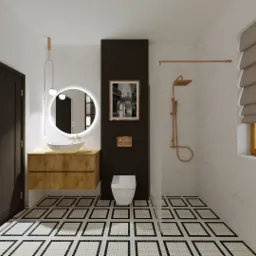 Wizualizacja łazienki z okrągłym lustrem podświetlanym LED, umywalką nablatową na szafce z drewnianymi frontami, kabiną prysznicową z miedzianą armaturą i toaletą, na podłodze czarno-biała mozaika.