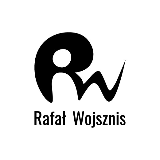 Czarno-białe logo firmy Rafał Wojsznis, przedstawiające stylizowaną literę 'R' połączoną z 'W'.