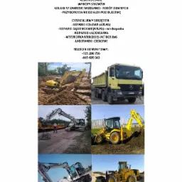 Kolaż zdjęć przedstawiający różnorodny sprzęt budowlany: koparka gąsienicowa w trakcie prac ziemnych, wywrotka Mercedes Actros, koparka kołowa Atlas na drodze gruntowej, koparko-ładowarka podczas...