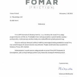 Skan referencji dla firmy MP Electronics & Development Sp. z o.o. od Fomar Poland, potwierdzającej profesjonalne usługi programistyczne i realizację aplikacji mobilnej z katalogiem produktów...