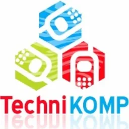 Logo firmy TechniKOMP przedstawiające trzy połączone heksagony w kolorach niebieskim, zielonym i czerwonym, z symbolami przypominającymi telefony komórkowe wewnątrz, oraz nazwę firmy w kolorze...