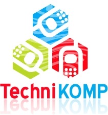 Logo firmy TechniKOMP przedstawiające trzy połączone heksagony w kolorach niebieskim, zielonym i czerwonym, z symbolami przypominającymi telefony komórkowe wewnątrz, oraz nazwę firmy w kolorze...