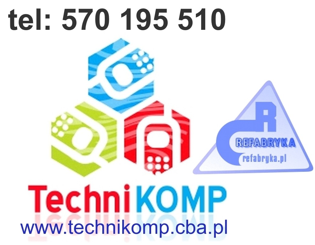 Logo firmy TechniKOMP z numerem telefonu i adresem strony internetowej, obok logo Refabryka w kształcie trójkąta.