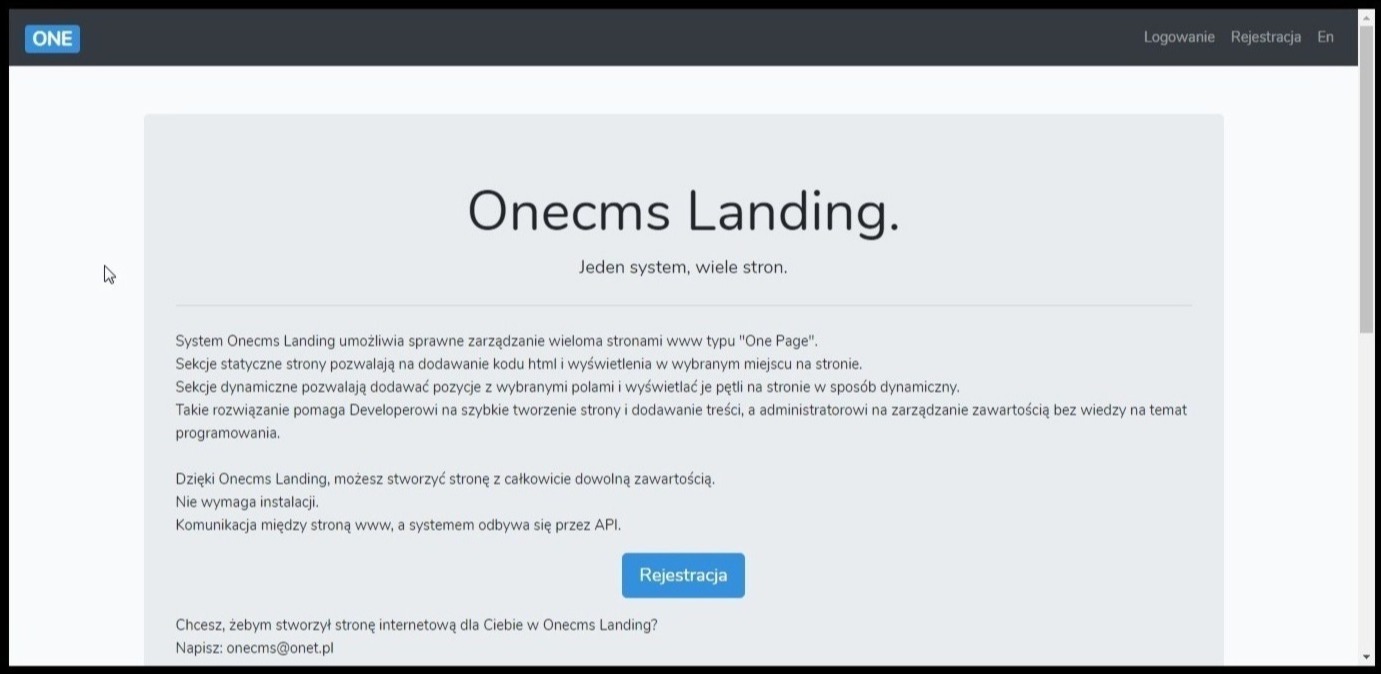 Ekran komputera prezentujący stronę internetową Onecms Landing z tekstem informacyjnym o systemie i przyciskiem rejestracji.