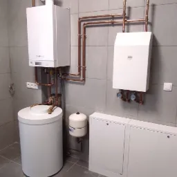 Biały piec centralnego ogrzewania z bojlerem i rurami miedzianymi na tle szarych płytek w pomieszczeniu technicznym.