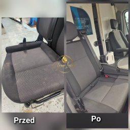CleanLover - Porównanie przed i po czyszczeniu tapicerki samochodowej: brudny fotel z widocznymi plamami na warsztatowej podłodze obok czystego, odświeżonego siedzenia w pojeździe.