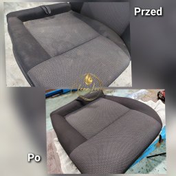 CleanLover - Porównanie: brudny fotel samochodowy z szarą, siateczkową tapicerką i czarnymi bokami przed czyszczeniem oraz ten sam fotel po profesjonalnym odświeżeniu.