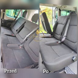 CleanLover - Porównanie brudnych i czystych, ciemnoszarych foteli samochodowych z białymi przeszyciami, ukazujące efekt profesjonalnego czyszczenia wnętrza pojazdu.