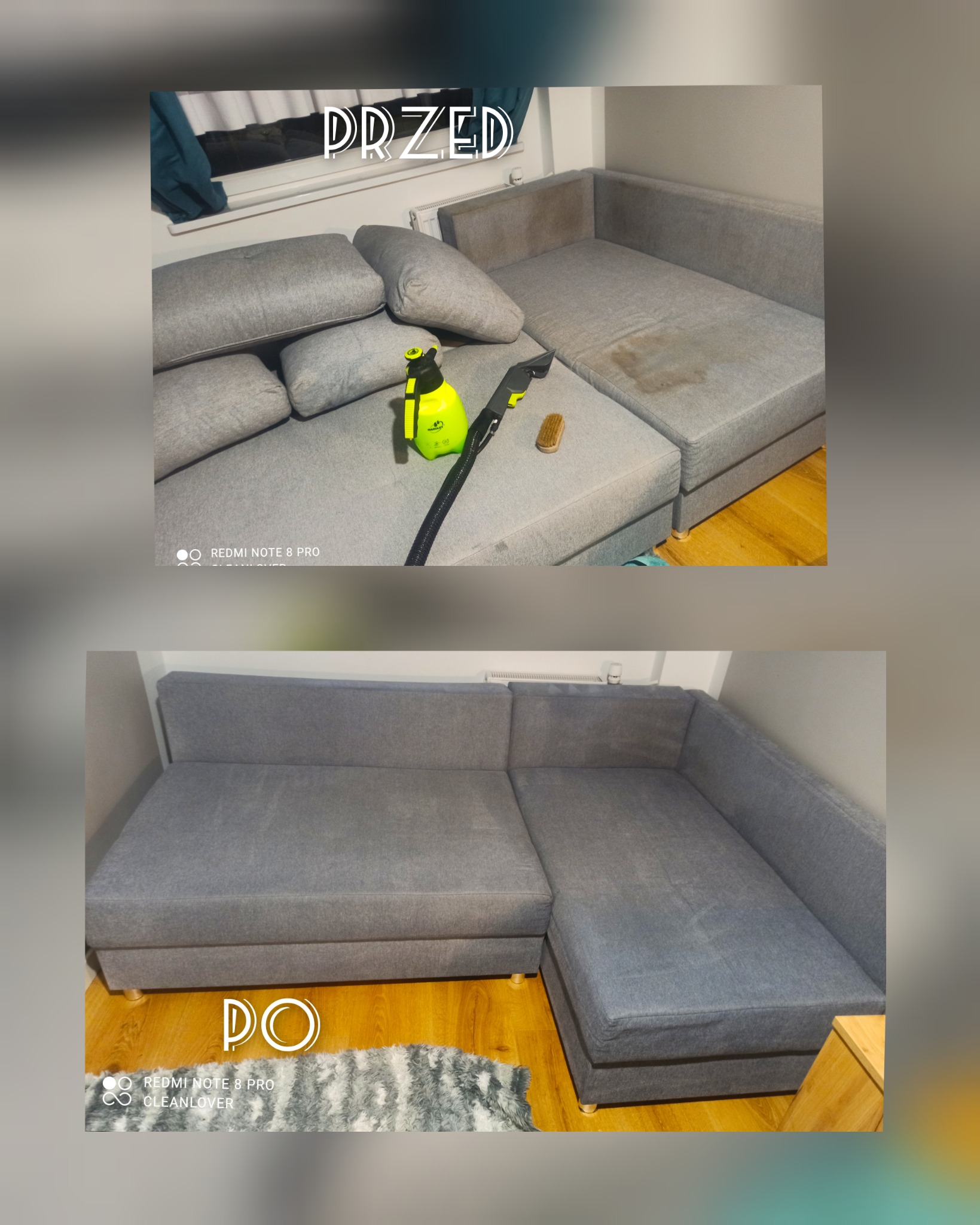 Dwuetapowe ujęcie narożnika: część górna pokazuje zabrudzenia i rozłożone poduszki obok spryskiwacza i szczotki, oznaczona jako 'PRZED', a dolna część prezentuje czysty narożnik po zabiegu...