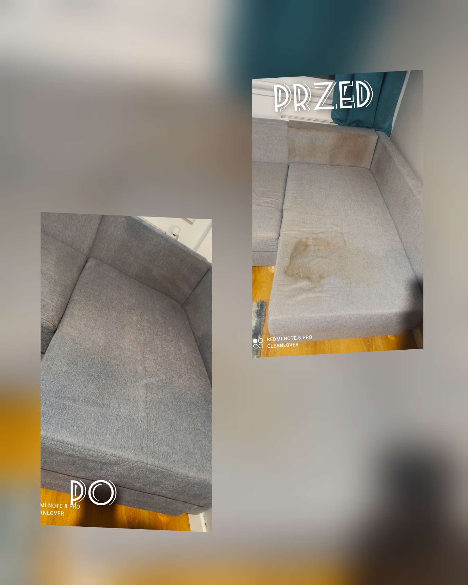 Kolaż 'przed' i 'po' przedstawiający narożnik z szarej tkaniny. Lewa strona pokazuje narożnik z widocznym zabrudzeniem, prawa strona pokazuje narożnik po czyszczeniu, bez plam.