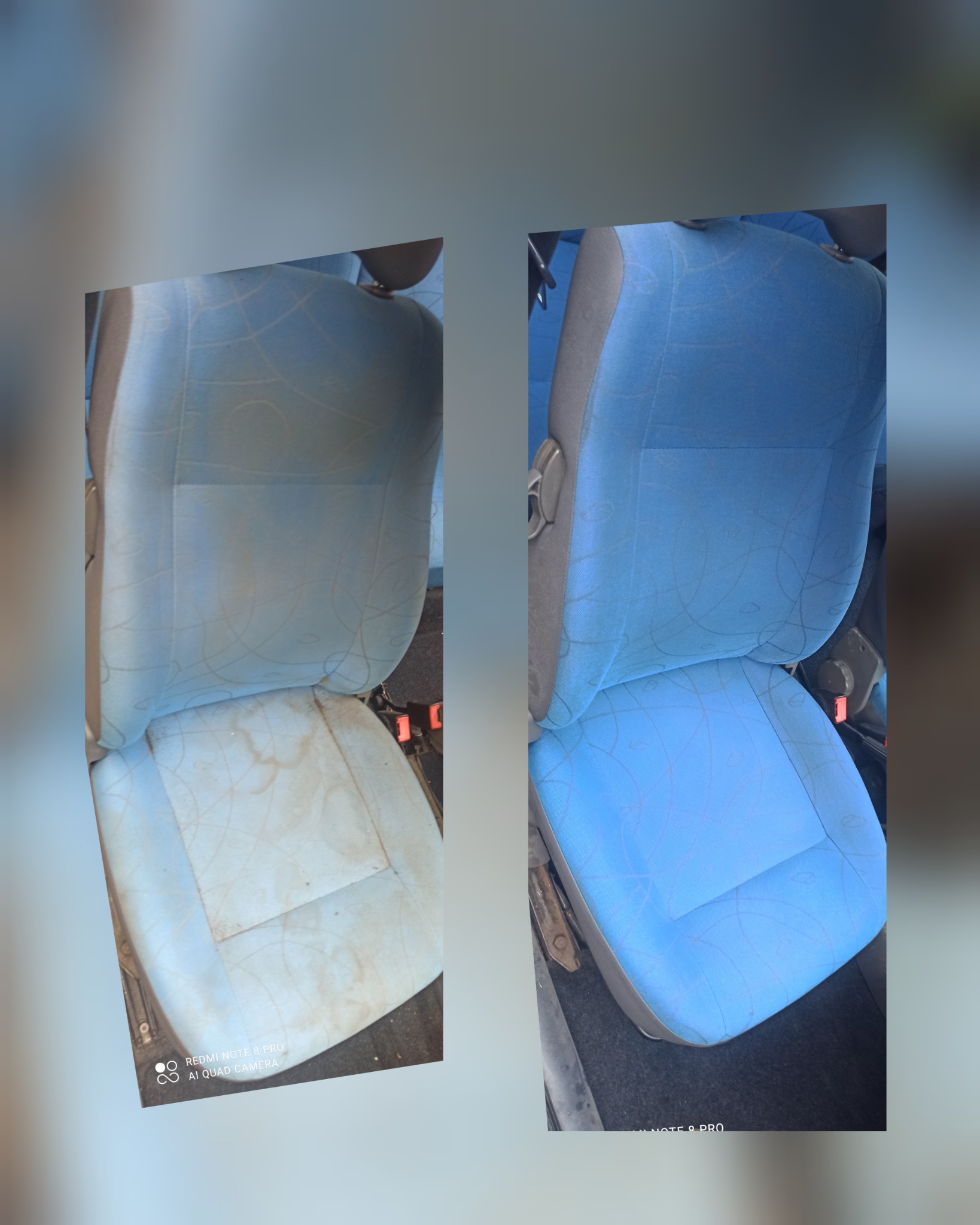 Błękitne, wzorzyste siedzenie samochodowe: po lewej zabrudzone, po prawej po czyszczeniu, widoczne różnice w wyglądzie tkaniny.