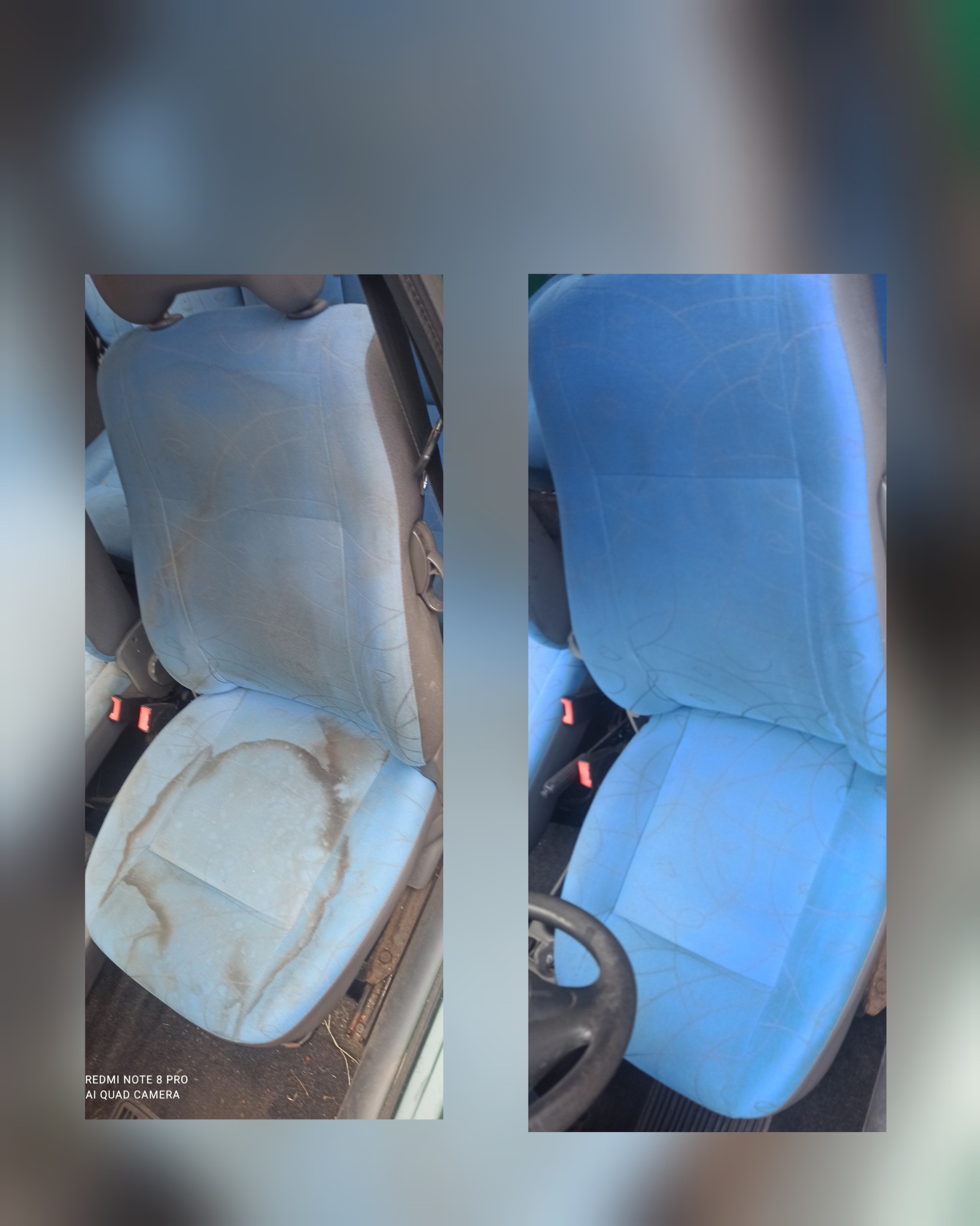 Porównanie fotela samochodowego z jasnoniebieską tapicerką przed i po czyszczeniu, widoczne wyraźne plamy i zabrudzenia usunięte po prawej stronie.