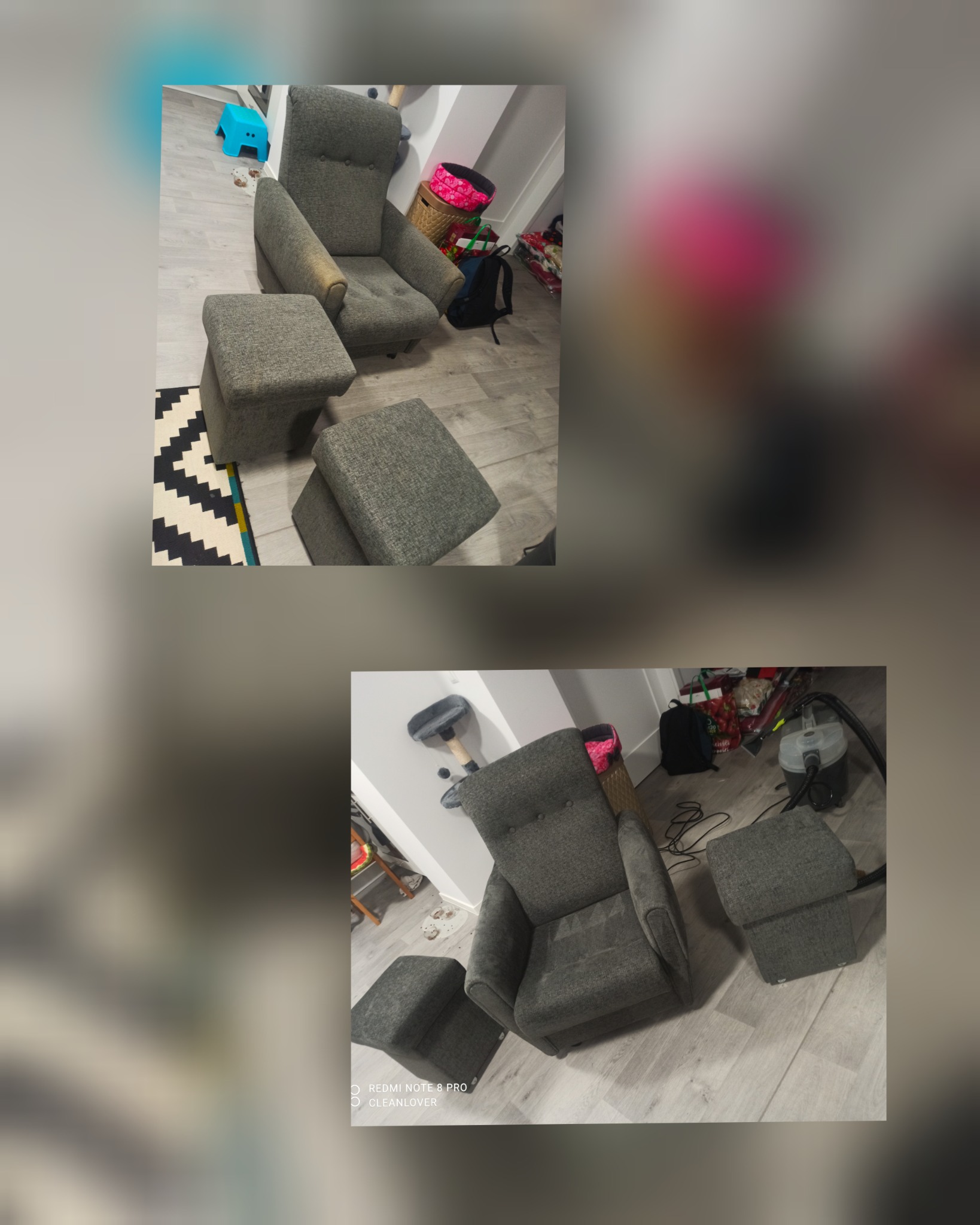 Dwa ujęcia szarego fotela z podnóżkami przed i po czyszczeniu, widoczne plamy na podłokietniku i siedzeniu przed zabiegiem, a także odkurzacz piorący w tle drugiego ujęcia.