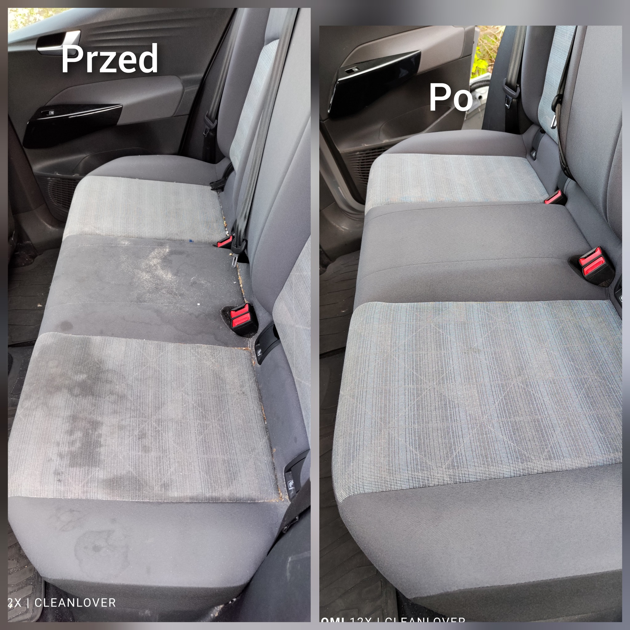 Zestawienie tylnej kanapy samochodowej przed i po czyszczeniu, widoczne wyraźne różnice w czystości tapicerki materiałowej.