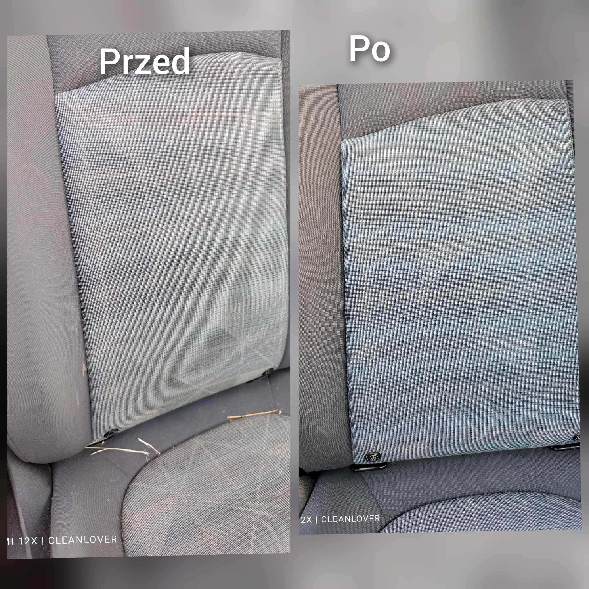 Porównanie fotela samochodowego przed i po czyszczeniu, widoczne różnice w czystości i wyglądzie tkaniny.