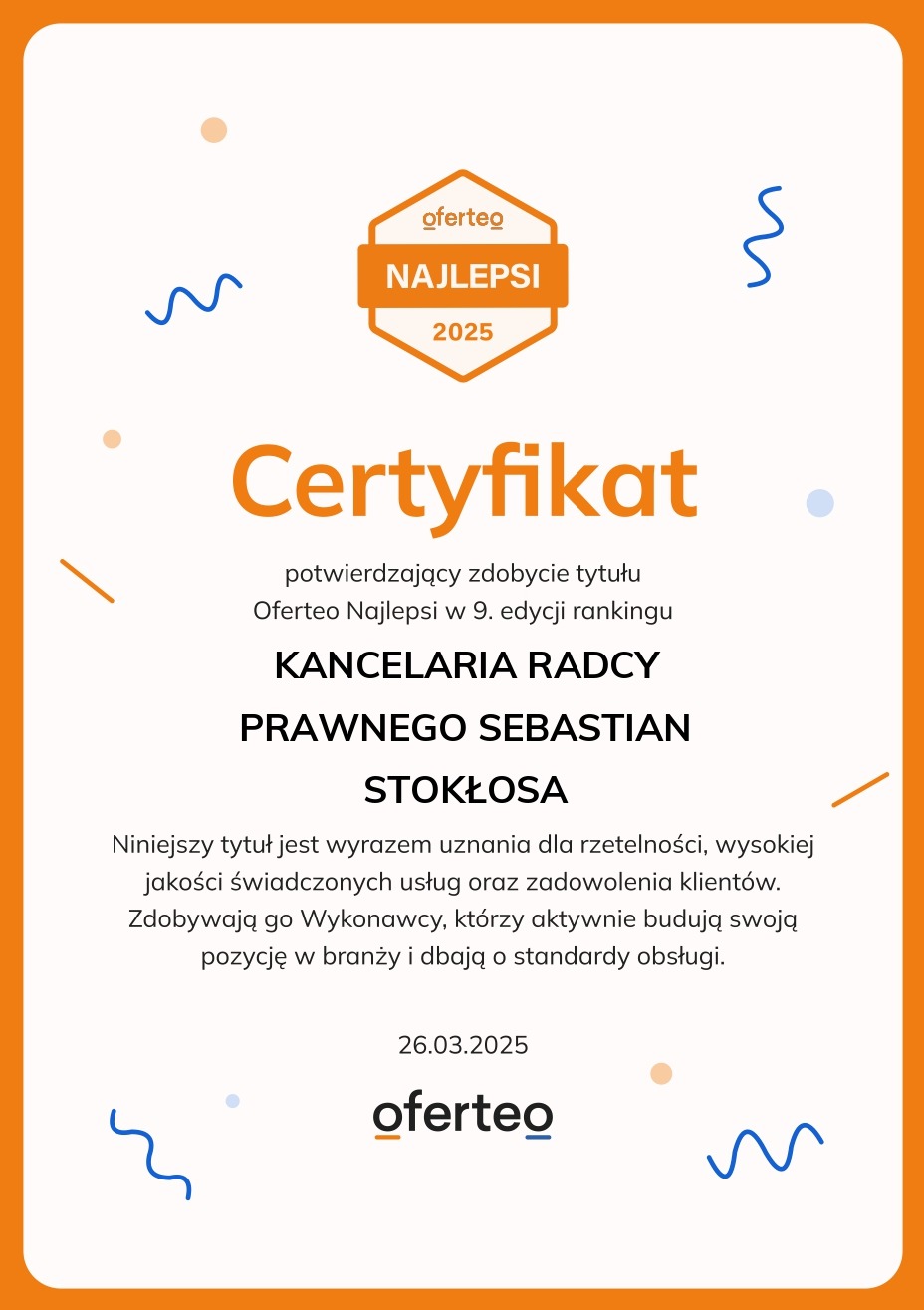 Certyfikat Oferteo Najlepsi 2025 dla Kancelarii Radcy Prawnego Sebastian Stokłosa z Katowic, potwierdzający wysoką jakość usług i zadowolenie klientów.
