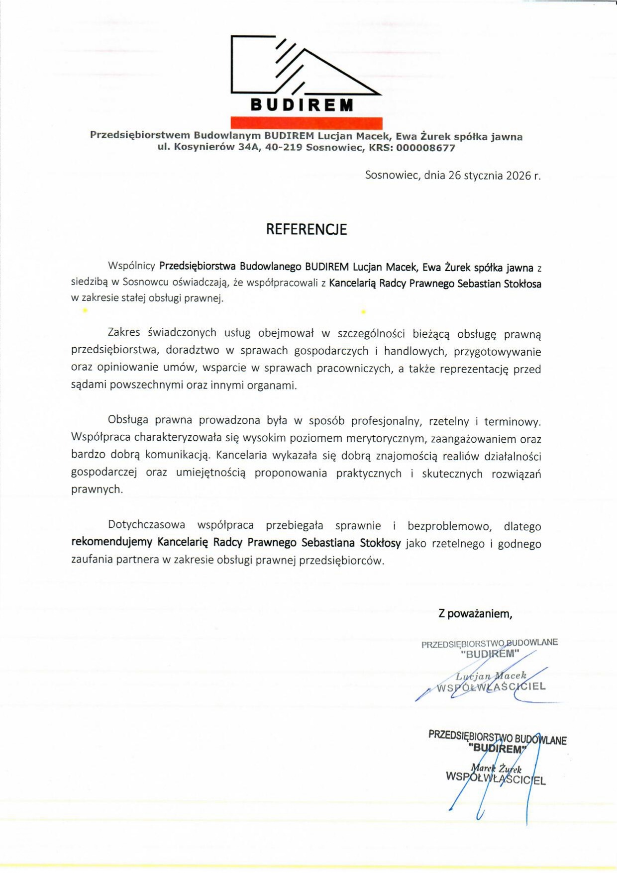 Skan dokumentu referencyjnego dla Kancelarii Radcy Prawnego Sebastiana Stokłosy, wystawionego przez Przedsiębiorstwo Budowlane BUDIREM z Sosnowca, z podpisami wspólników.