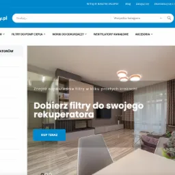 Strona główna sklepu internetowego wymienfiltry.pl na Magento 2. Prezentacja oferty filtrów do rekuperatorów z nowoczesnym wnętrzem w tle.