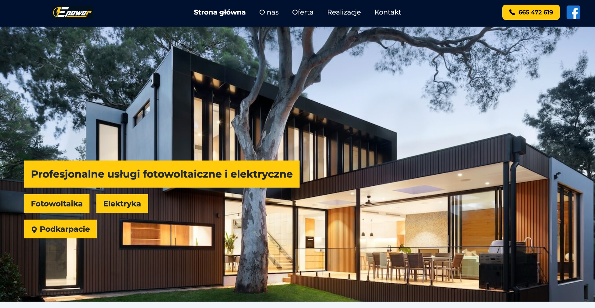 Strona internetowa firmy Epower z ofertą fotowoltaiki i elektryki. Nowoczesny design z dużym zdjęciem domu i czytelnym menu. Technologia Vue, dedykowany szablon graficzny.