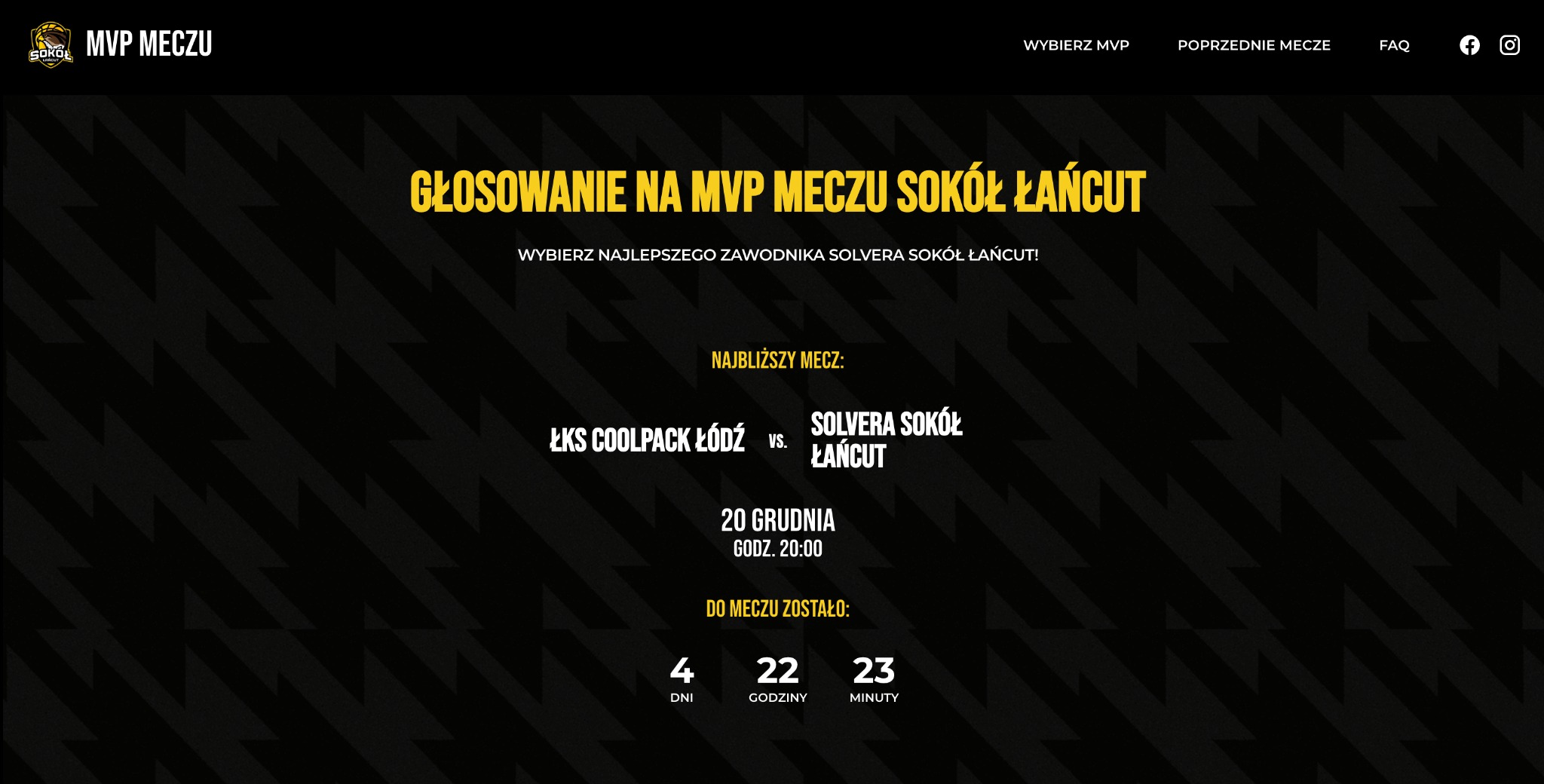 Strona internetowa z głosowaniem na MVP meczu Sokół Łańcut. Czarno-żółta kolorystyka, widoczne logo drużyny, informacje o najbliższym meczu i odliczanie czasu.