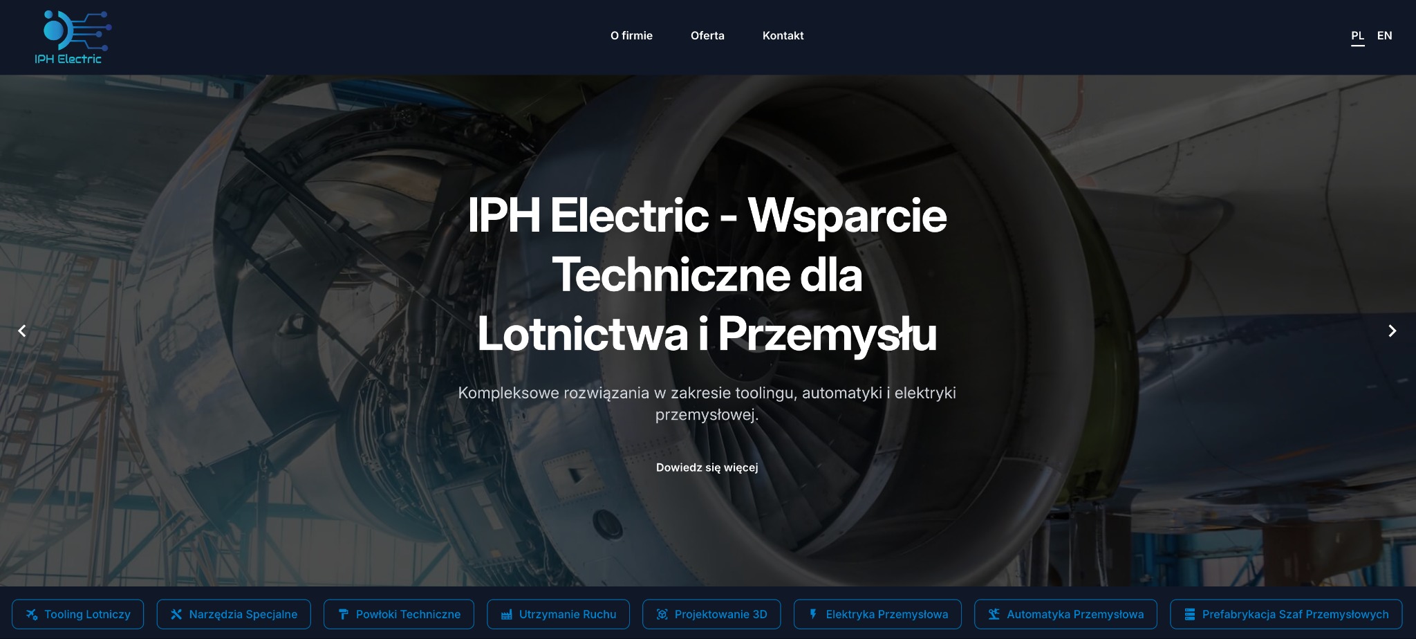 Strona wizytówka IPH Electric z motywem turbiny lotniczej w tle, prezentująca wsparcie techniczne dla lotnictwa i przemysłu. Ciemnoniebieska kolorystyka, nowoczesny design.