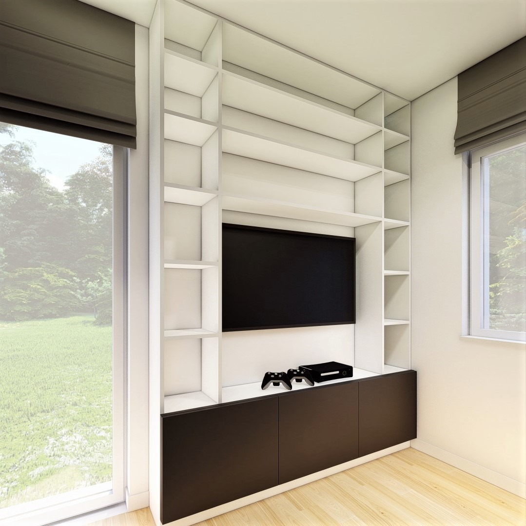 Wizualizacja pokoju z zabudową meblową: białe regały z czarnymi szafkami dolnymi, telewizor i konsola do gier, widok na zieleń za oknem.