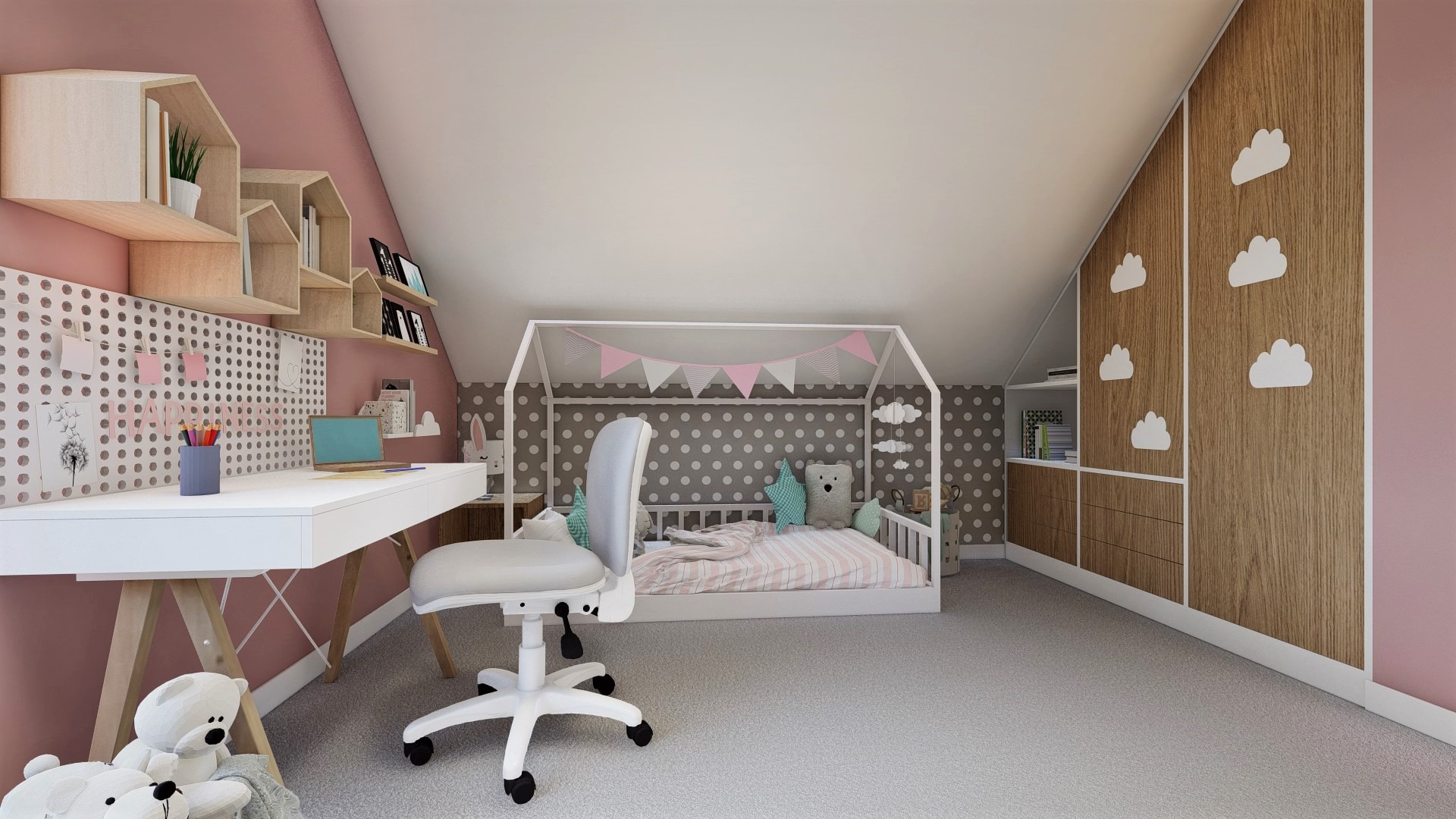 Pokój dziecięcy na poddaszu: białe biurko z drewnianymi nogami, krzesło obrotowe, łóżko w kształcie domku z girlandą, szafa z drewnianymi frontami i dekoracjami w kształcie chmur, ściany w kolorze...