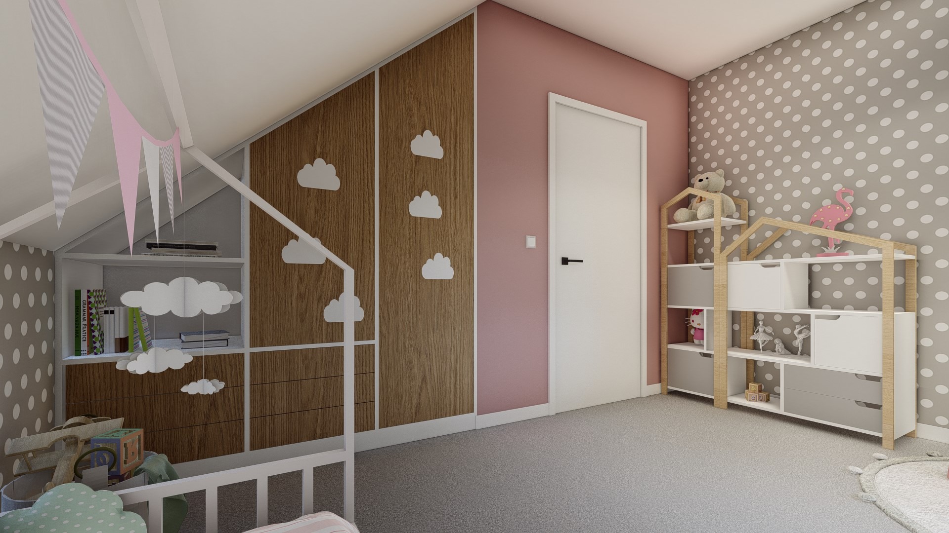 Pokój dziecięcy z łóżeczkiem, regałem w kształcie domku i zabudową meblową z motywem chmurek, ściana w kropki i różowa