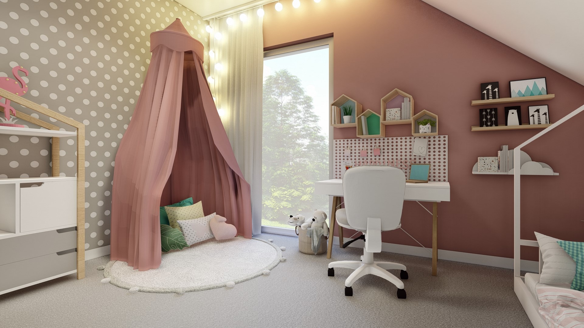 Pokój dziecięcy w odcieniach różu i szarości z baldachimem nad miejscem do zabawy, biurkiem z tablicą perforowaną i półkami w kształcie domków oraz łóżkiem w kształcie domku.
